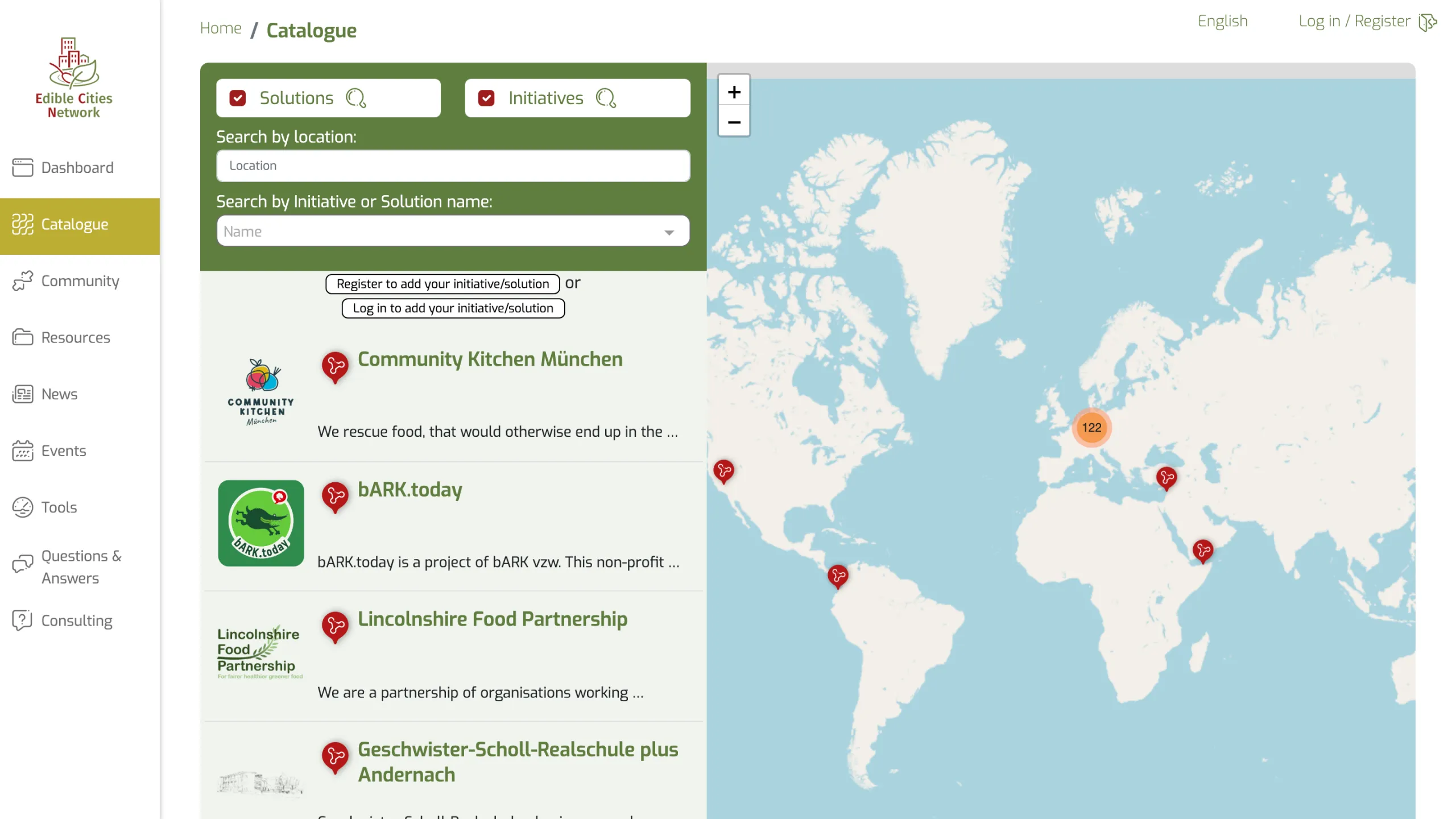 Catálogo de iniciativas y soluciones con el mapa interactivo