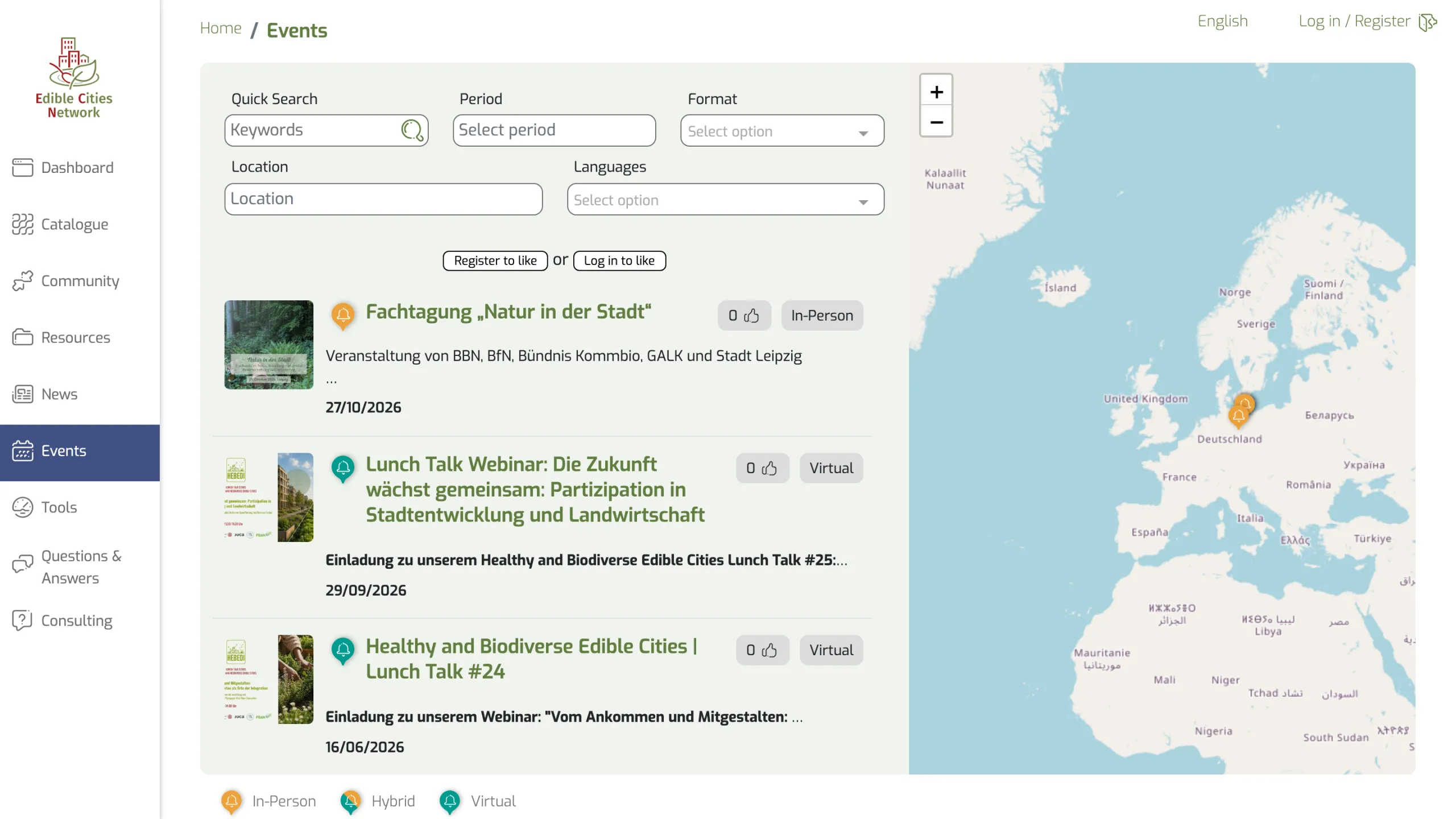 Agenda de eventos con filtros y mapa